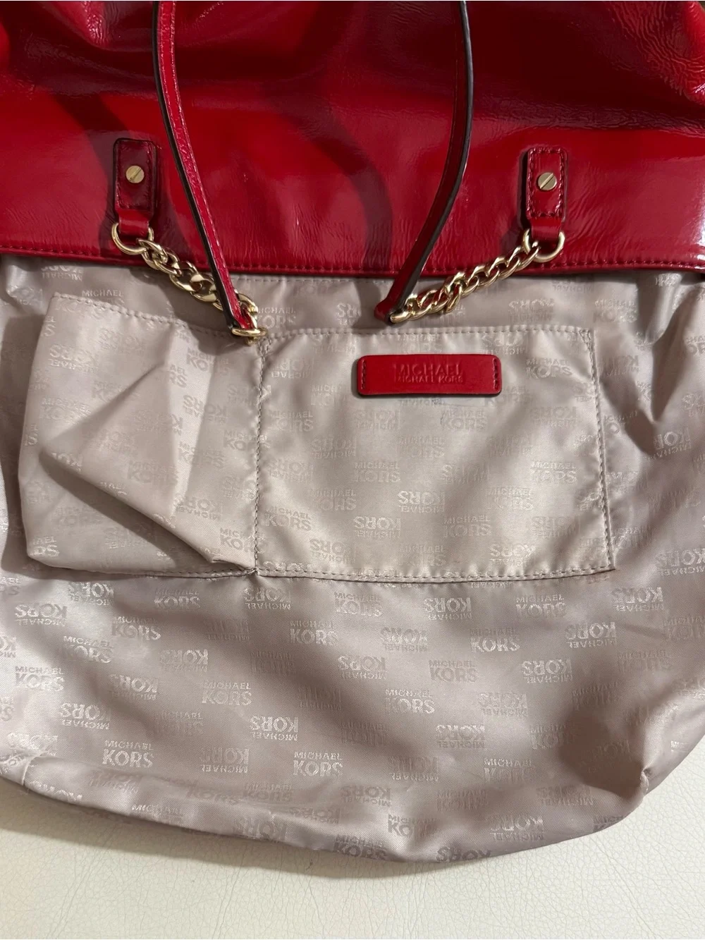 Michael Kors Shiny Red Patent Leather Tote with Gold Chain Handles